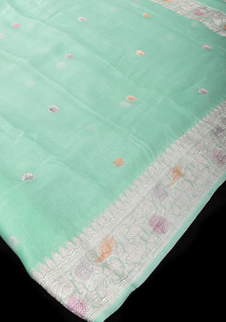 Pure Silk Chiffon Saree in Green with Hand Brush Dye Silver Tone Zari Buttas & Zari Border | SILK MARK CERTIFIED