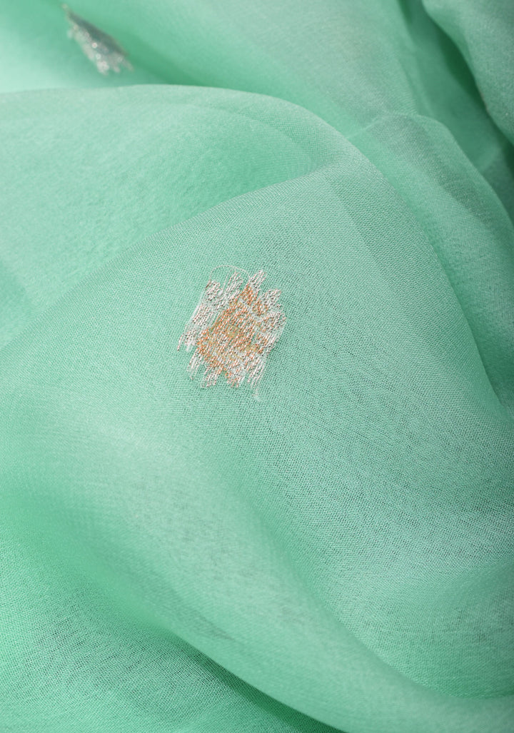 Pure Silk Chiffon Saree in Green with Hand Brush Dye Silver Tone Zari Buttas & Zari Border | SILK MARK CERTIFIED