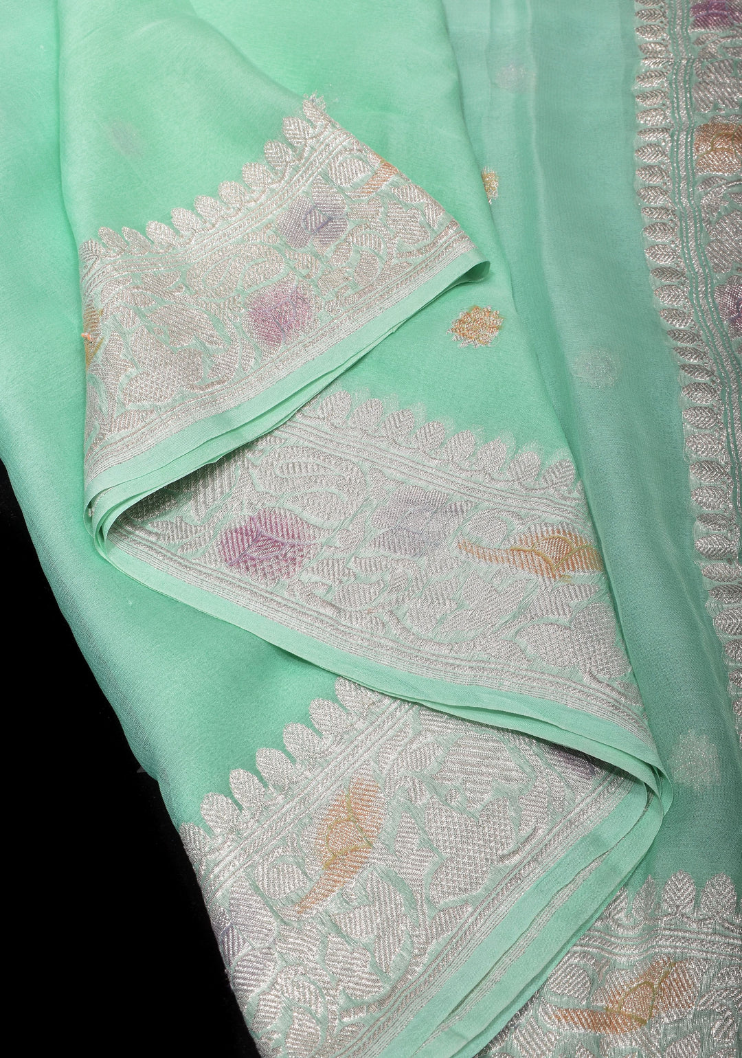 Pure Silk Chiffon Saree in Green with Hand Brush Dye Silver Tone Zari Buttas & Zari Border | SILK MARK CERTIFIED