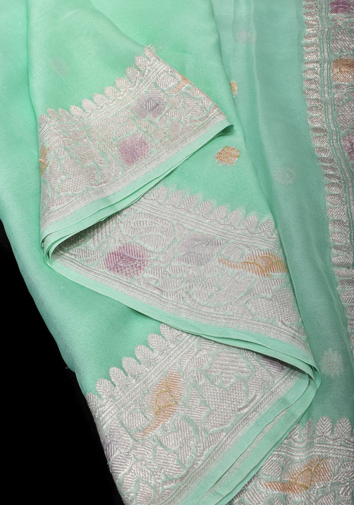 Pure Silk Chiffon Saree in Green with Hand Brush Dye Silver Tone Zari Buttas & Zari Border | SILK MARK CERTIFIED