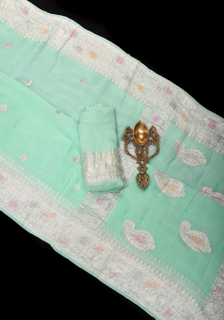 Pure Silk Chiffon Saree in Green with Hand Brush Dye Silver Tone Zari Buttas & Zari Border | SILK MARK CERTIFIED
