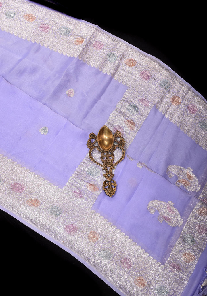 Pure Silk Chiffon Saree in periwinkle Blue with Hand Brush Dye Silver Tone Zari Buttas & Zari Border | SILK MARK CERTIFIED