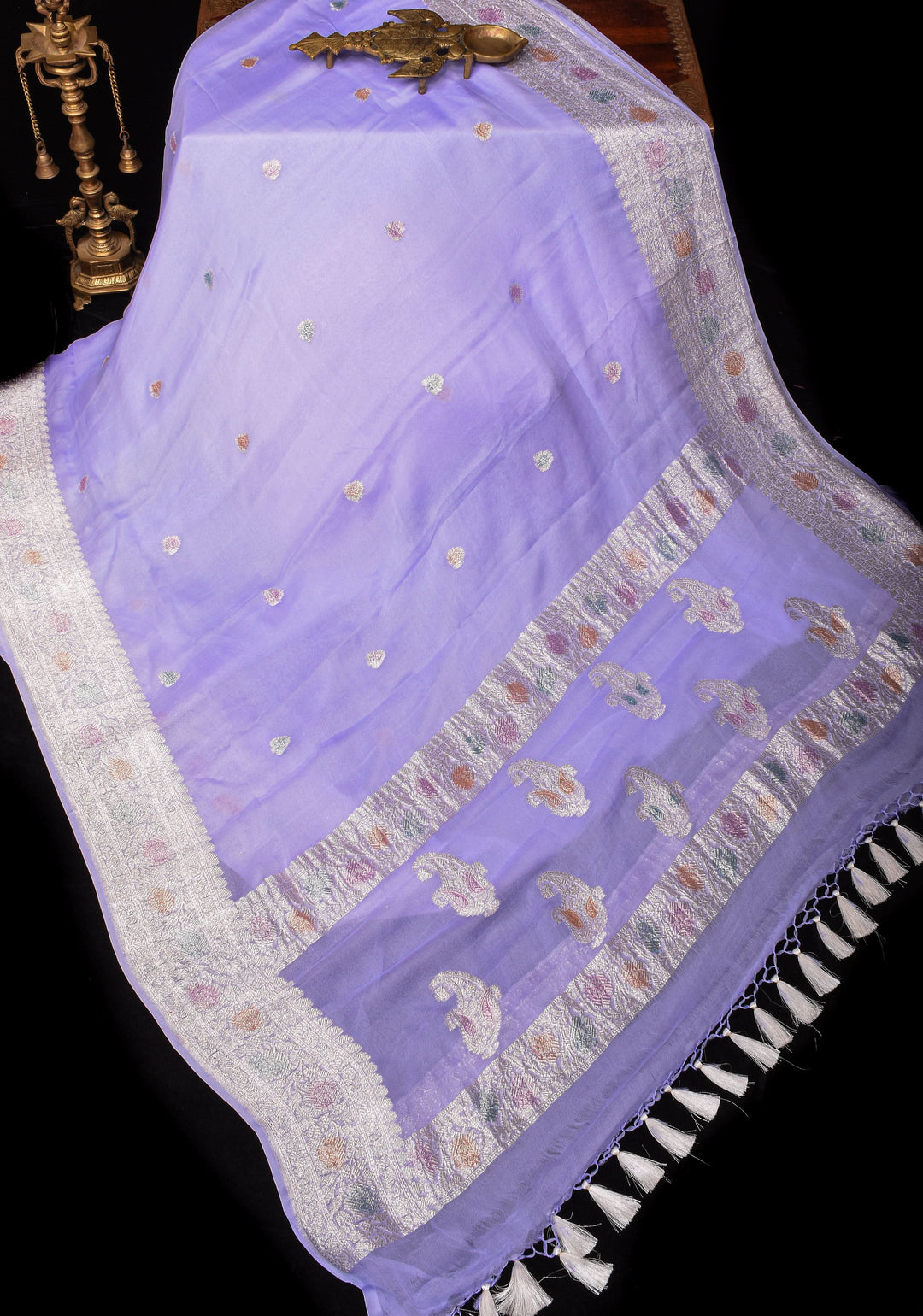 Pure Silk Chiffon Saree in periwinkle Blue with Hand Brush Dye Silver Tone Zari Buttas & Zari Border | SILK MARK CERTIFIED