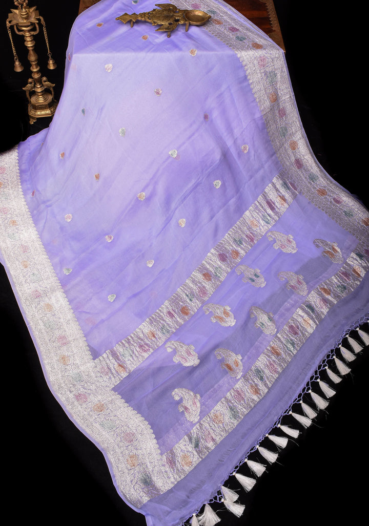 Pure Silk Chiffon Saree in periwinkle Blue with Hand Brush Dye Silver Tone Zari Buttas & Zari Border | SILK MARK CERTIFIED