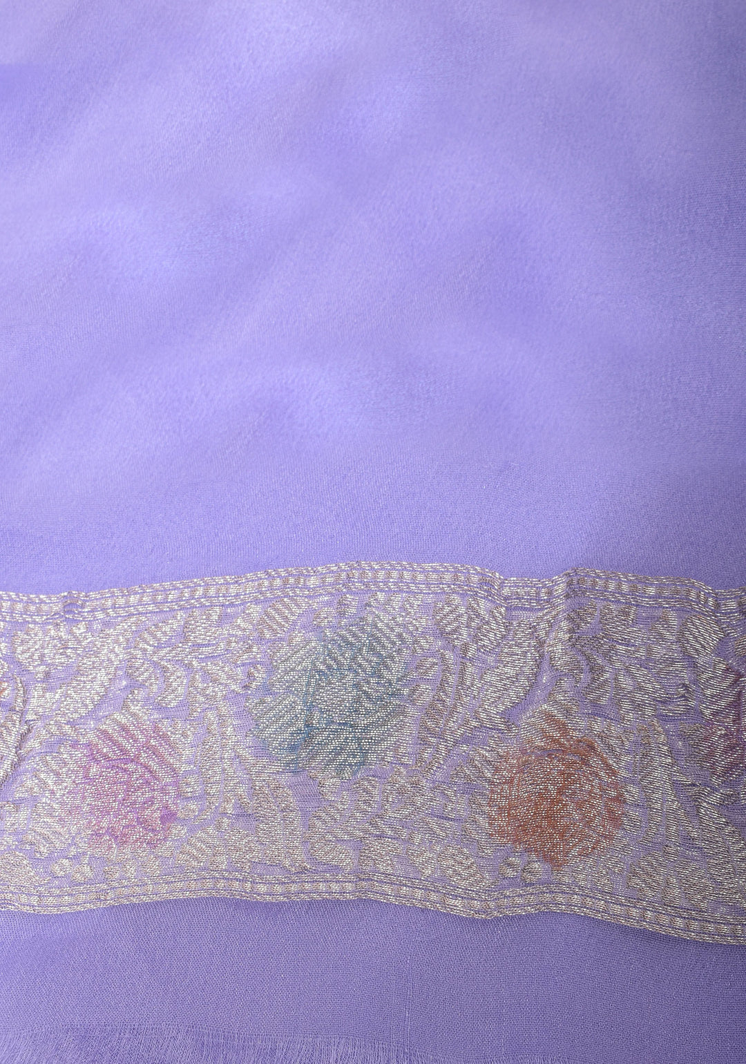 Pure Silk Chiffon Saree in periwinkle Blue with Hand Brush Dye Silver Tone Zari Buttas & Zari Border | SILK MARK CERTIFIED