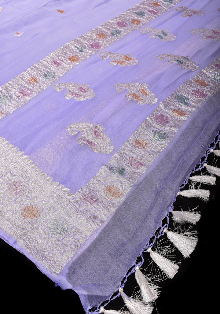 Pure Silk Chiffon Saree in periwinkle Blue with Hand Brush Dye Silver Tone Zari Buttas & Zari Border | SILK MARK CERTIFIED