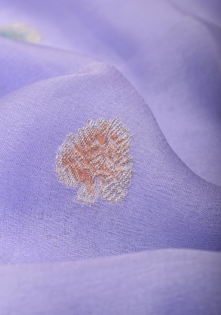Pure Silk Chiffon Saree in periwinkle Blue with Hand Brush Dye Silver Tone Zari Buttas & Zari Border | SILK MARK CERTIFIED