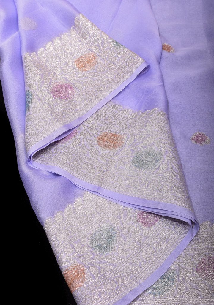 Pure Silk Chiffon Saree in periwinkle Blue with Hand Brush Dye Silver Tone Zari Buttas & Zari Border | SILK MARK CERTIFIED