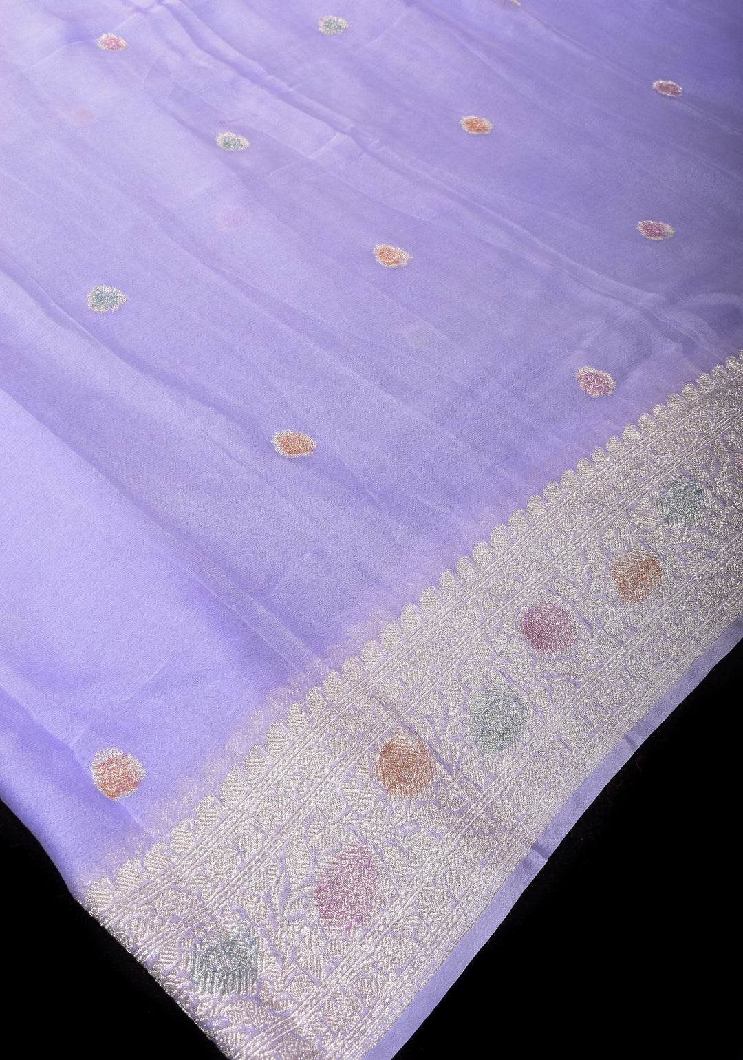 Pure Silk Chiffon Saree in periwinkle Blue with Hand Brush Dye Silver Tone Zari Buttas & Zari Border | SILK MARK CERTIFIED
