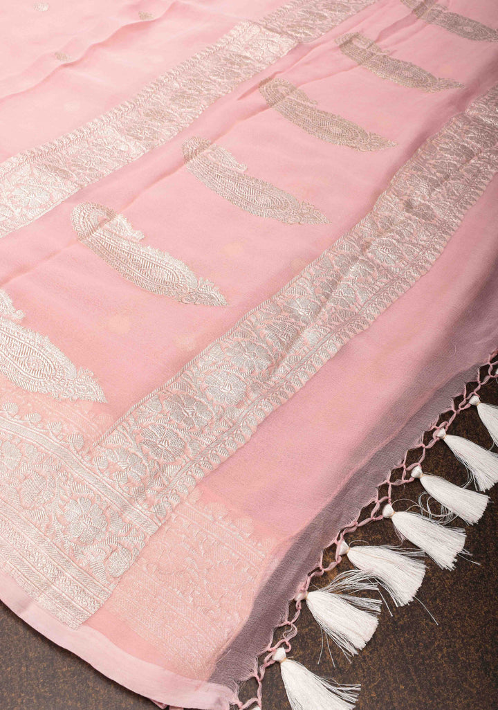 Pure Silk Chiffon Banarasi Saree in Light Pink with Silver Zari Buttas and Border | SILK MARK CERTIFIED