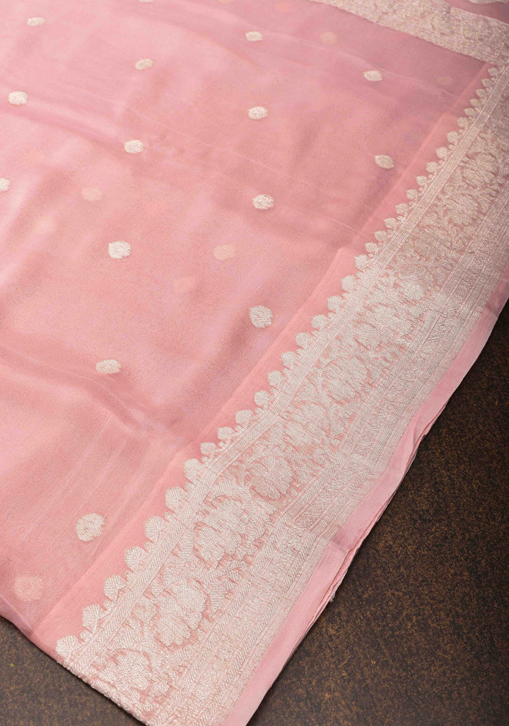 Pure Silk Chiffon Banarasi Saree in Light Pink with Silver Zari Buttas and Border | SILK MARK CERTIFIED