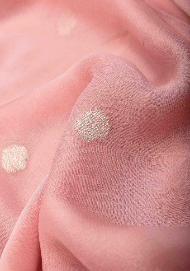Pure Silk Chiffon Banarasi Saree in Light Pink with Silver Zari Buttas and Border | SILK MARK CERTIFIED