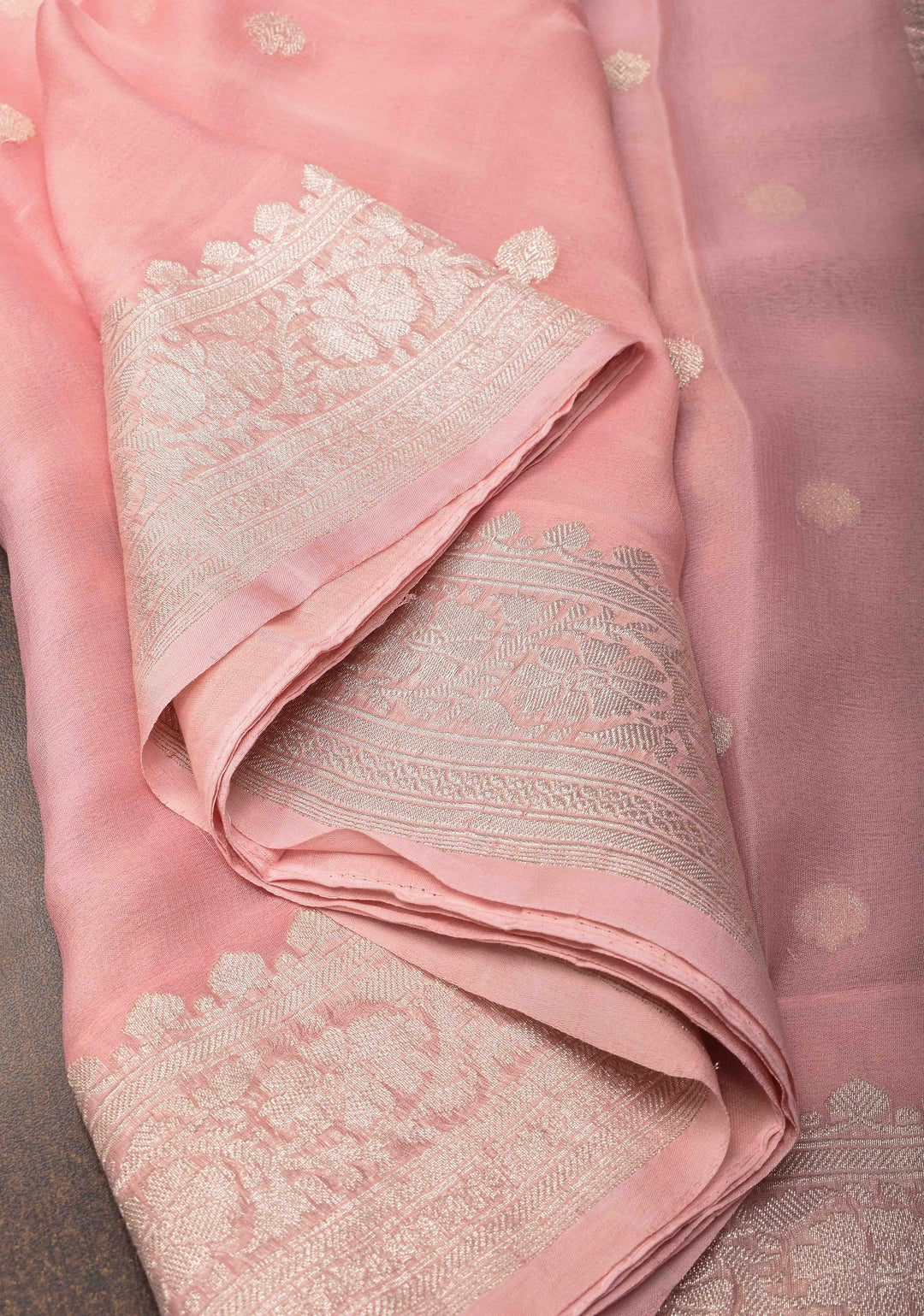 Pure Silk Chiffon Banarasi Saree in Light Pink with Silver Zari Buttas and Border | SILK MARK CERTIFIED