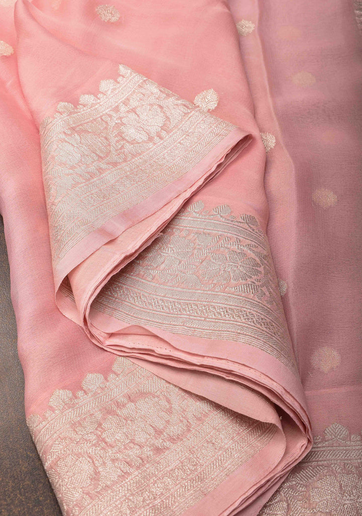 Pure Silk Chiffon Banarasi Saree in Light Pink with Silver Zari Buttas and Border | SILK MARK CERTIFIED