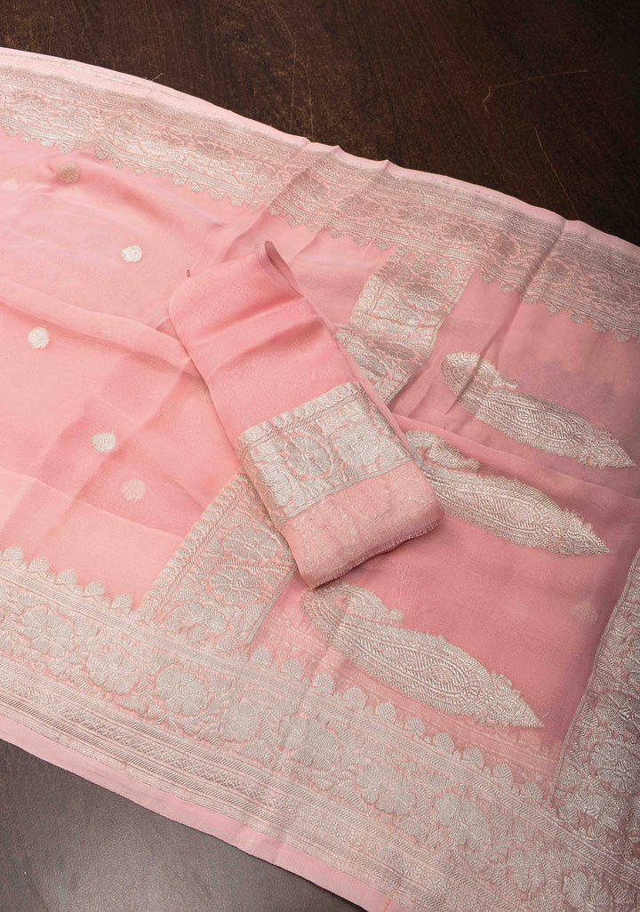 Pure Silk Chiffon Banarasi Saree in Light Pink with Silver Zari Buttas and Border | SILK MARK CERTIFIED
