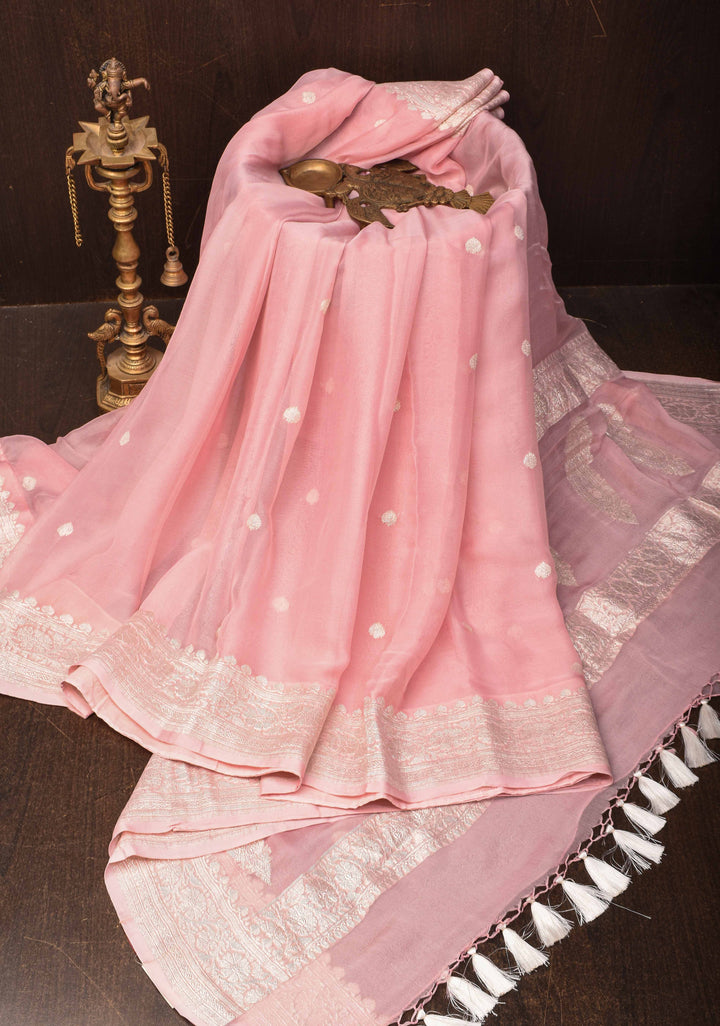 Pure Silk Chiffon Banarasi Saree in Light Pink with Silver Zari Buttas and Border | SILK MARK CERTIFIED