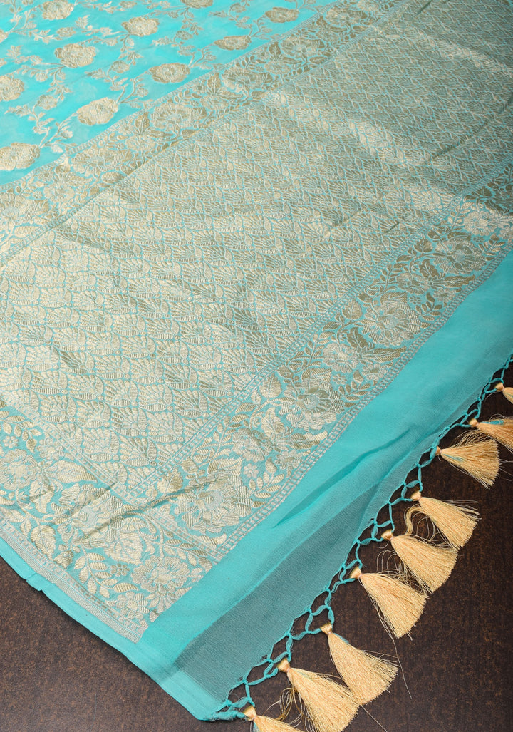 Baby Blue Banarasi Silk Georgette  Saree with Floral Border | SILK MARK CERTIFIED