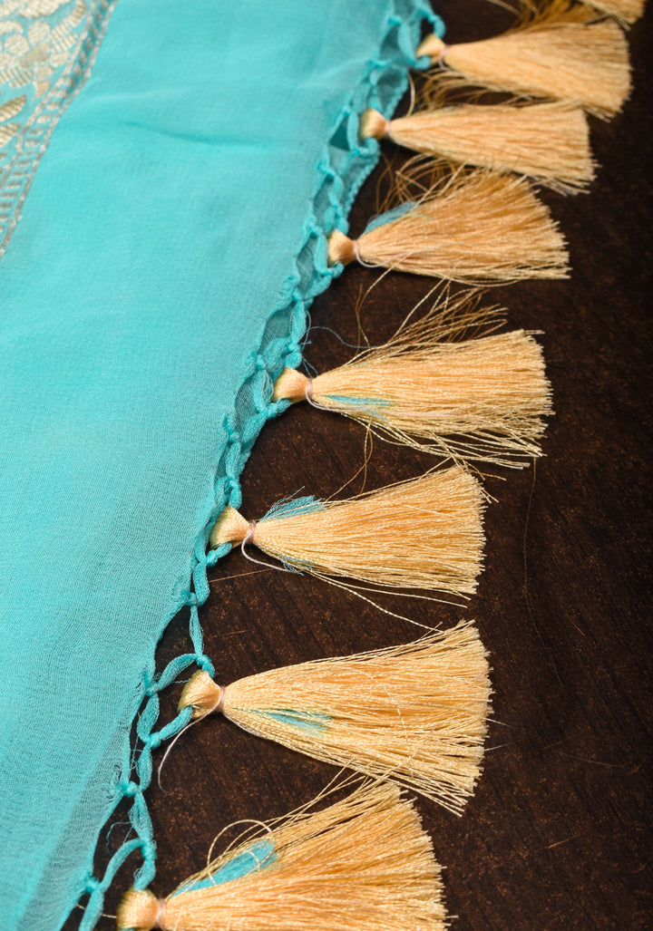 Baby Blue Banarasi Silk Georgette  Saree with Floral Border | SILK MARK CERTIFIED