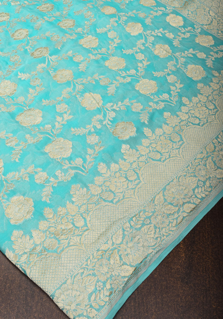 Baby Blue Banarasi Silk Georgette  Saree with Floral Border | SILK MARK CERTIFIED