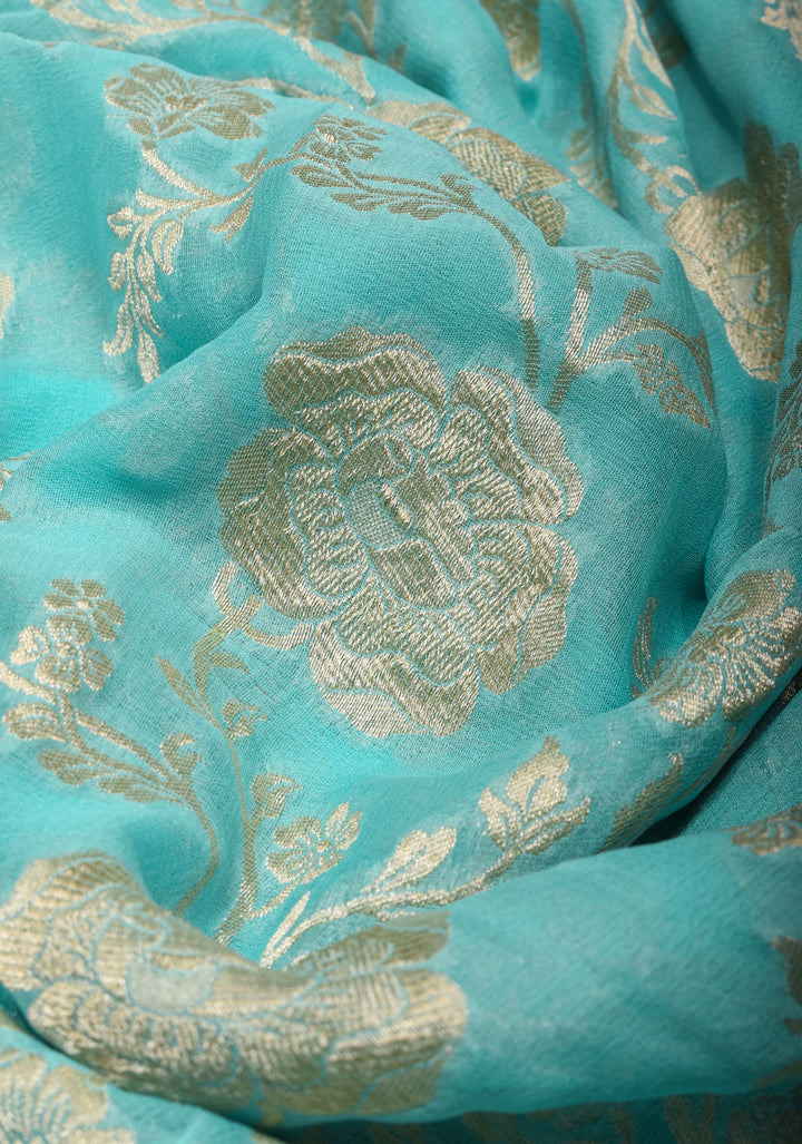Baby Blue Banarasi Silk Georgette  Saree with Floral Border | SILK MARK CERTIFIED