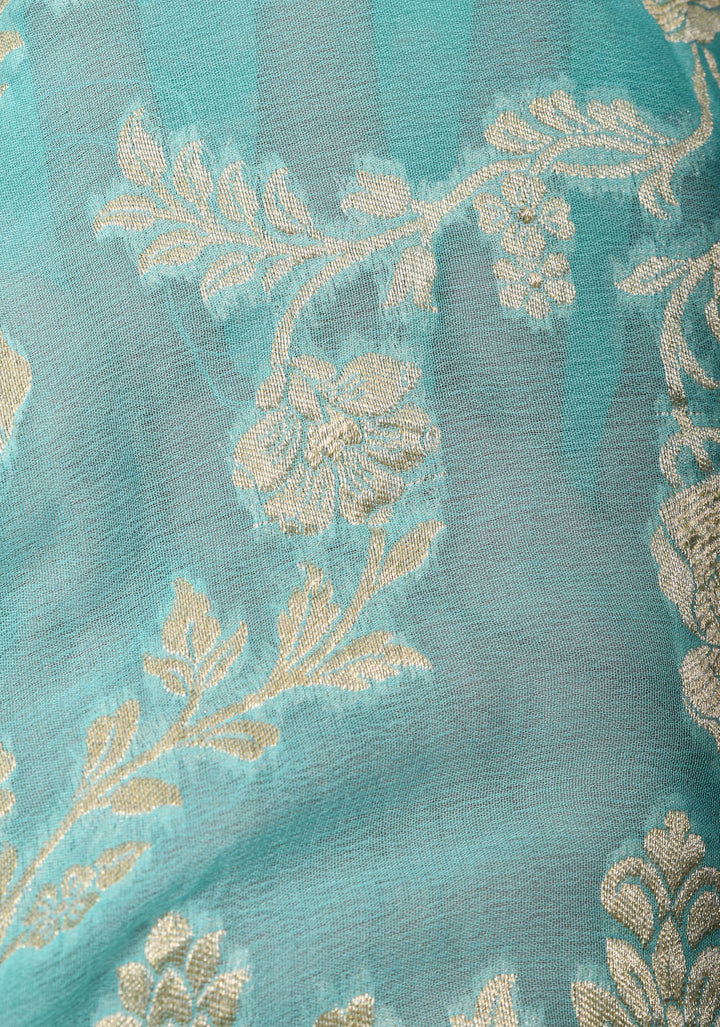 Baby Blue Banarasi Silk Georgette  Saree with Floral Border | SILK MARK CERTIFIED