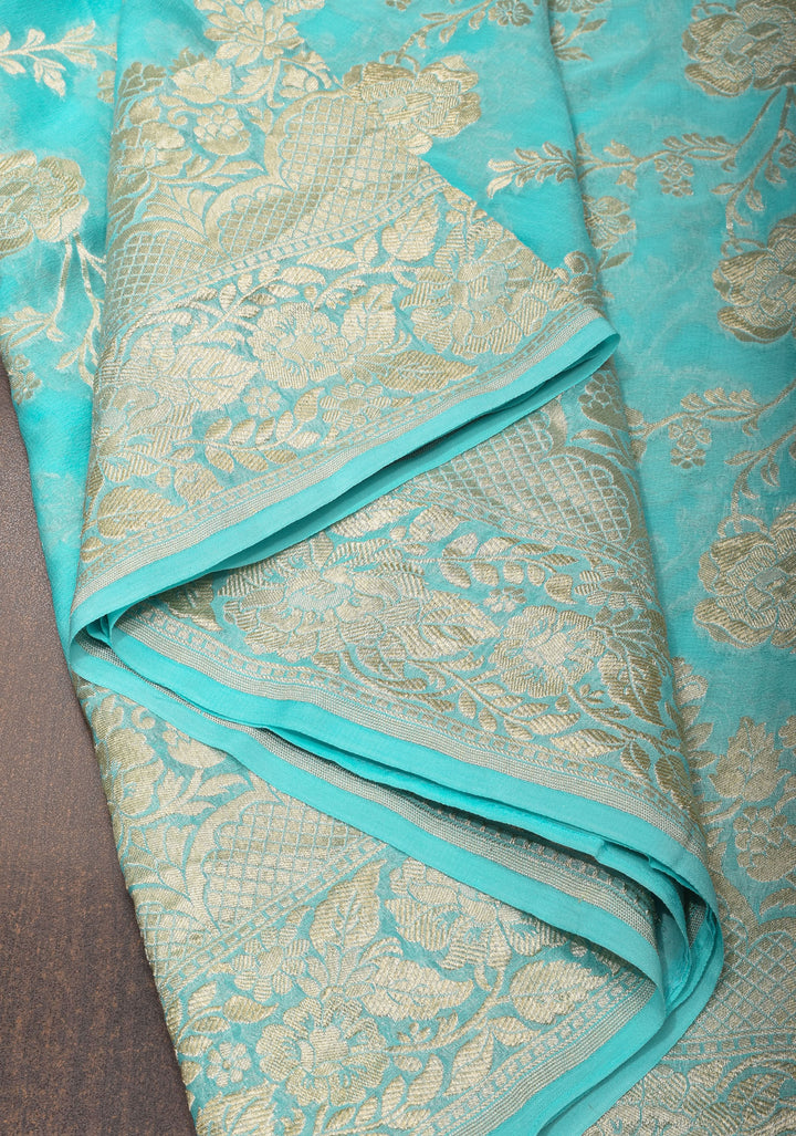 Baby Blue Banarasi Silk Georgette  Saree with Floral Border | SILK MARK CERTIFIED