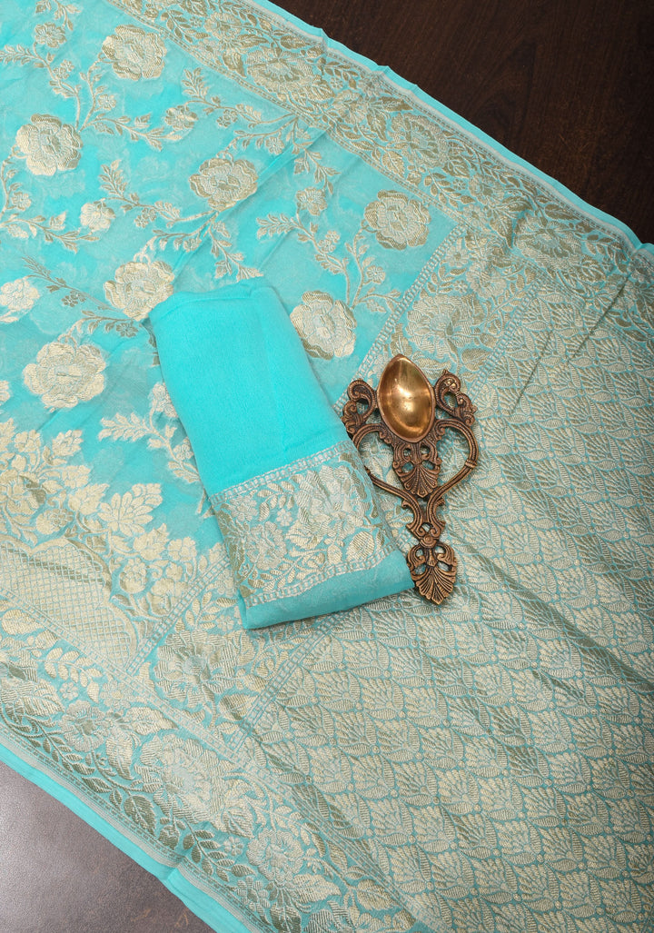 Baby Blue Banarasi Silk Georgette  Saree with Floral Border | SILK MARK CERTIFIED