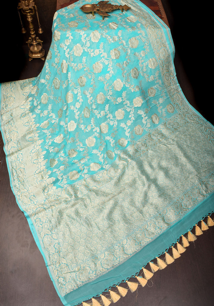 Baby Blue Banarasi Silk Georgette  Saree with Floral Border | SILK MARK CERTIFIED