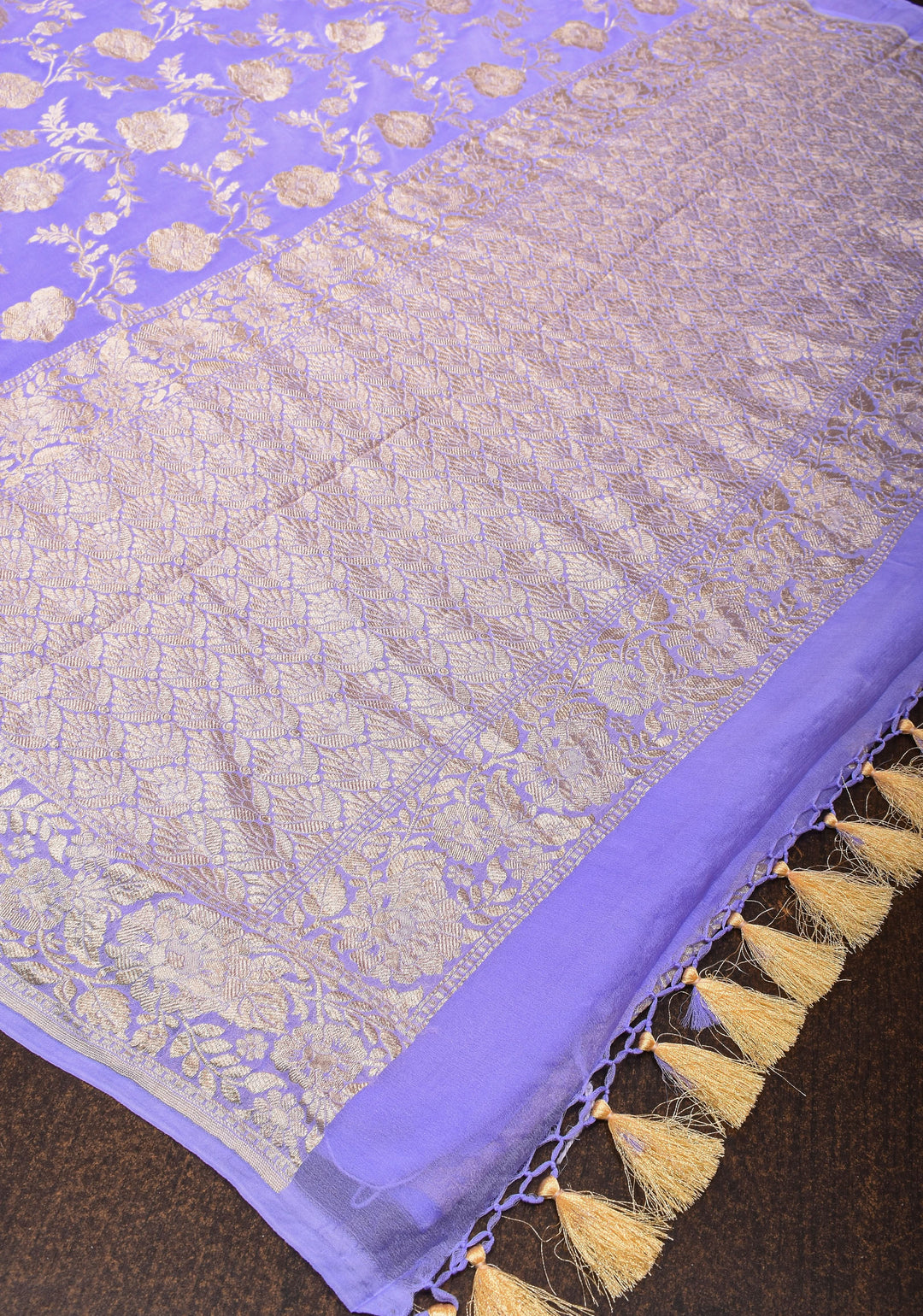 Lilac Pure Banarasi Silk Chiffon Saree with Floral Jaal and Border | SILK MARK CERTIFIED