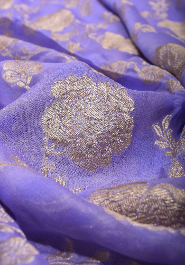 Lilac Pure Banarasi Silk Chiffon Saree with Floral Jaal and Border | SILK MARK CERTIFIED