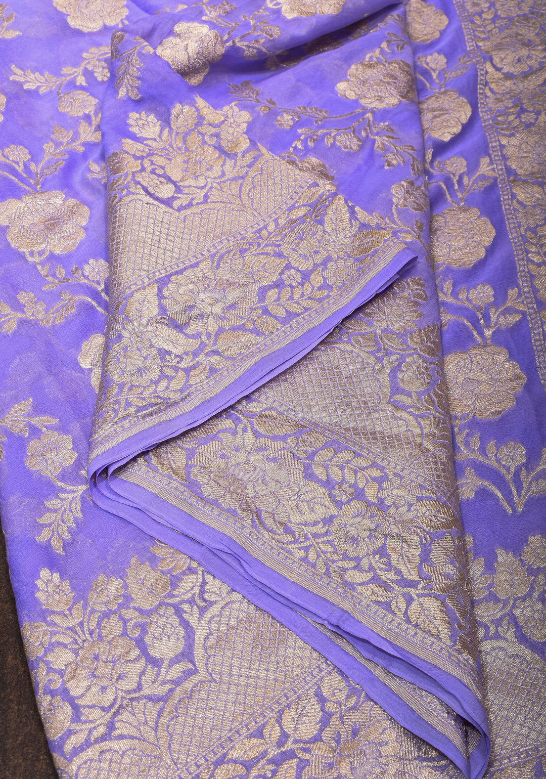 Lilac Pure Banarasi Silk Chiffon Saree with Floral Jaal and Border | SILK MARK CERTIFIED