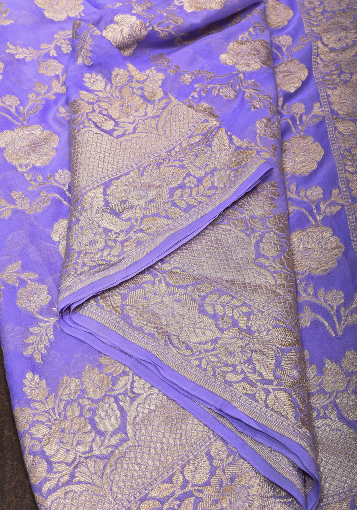 Lilac Pure Banarasi Silk Chiffon Saree with Floral Jaal and Border | SILK MARK CERTIFIED