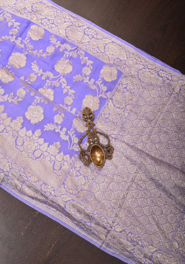 Lilac Pure Banarasi Silk Chiffon Saree with Floral Jaal and Border | SILK MARK CERTIFIED