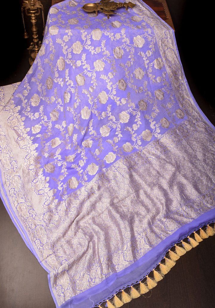Lilac Pure Banarasi Silk Chiffon Saree with Floral Jaal and Border | SILK MARK CERTIFIED