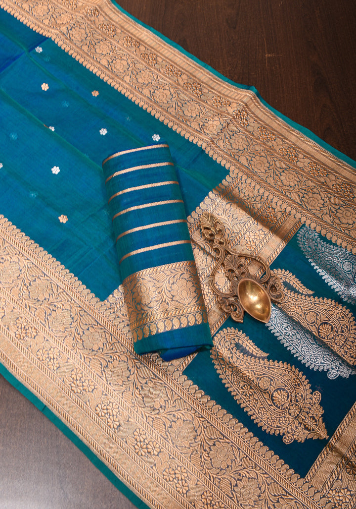 Exquisite Pure Banarasi Kora Silk Saree in Prussian Blue with Sona Rupa Zari and Chunri Buttis| SILK MARK CERTIFIED