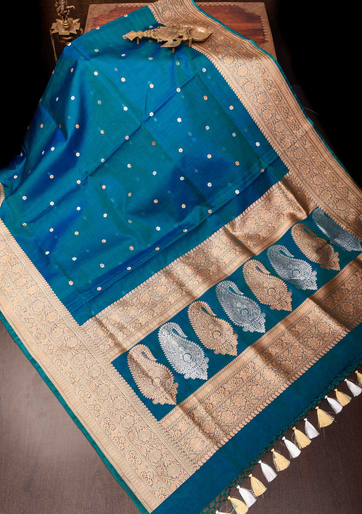 Exquisite Pure Banarasi Kora Silk Saree in Prussian Blue with Sona Rupa Zari and Chunri Buttis| SILK MARK CERTIFIED