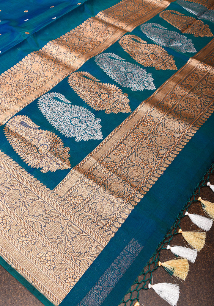 Exquisite Pure Banarasi Kora Silk Saree in Prussian Blue with Sona Rupa Zari and Chunri Buttis| SILK MARK CERTIFIED