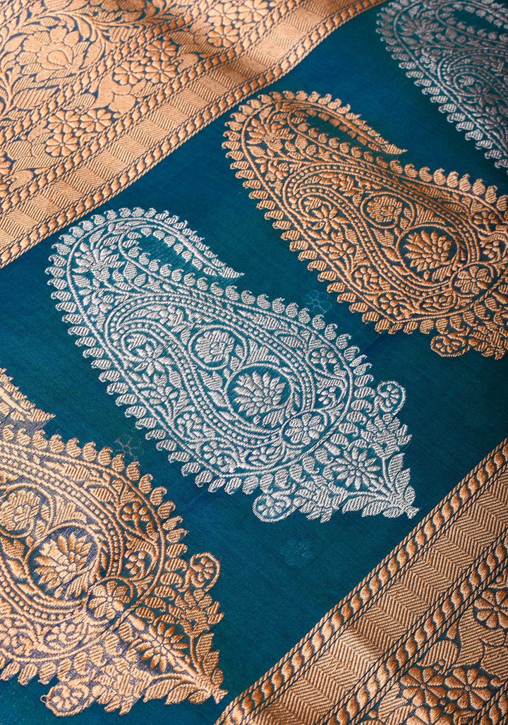 Exquisite Pure Banarasi Kora Silk Saree in Prussian Blue with Sona Rupa Zari and Chunri Buttis| SILK MARK CERTIFIED
