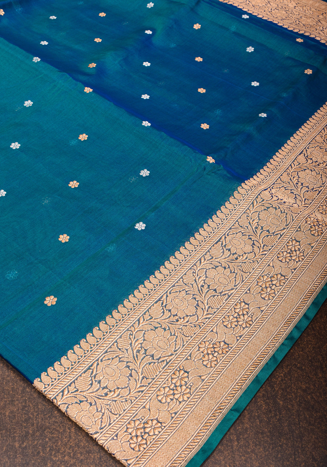 Exquisite Pure Banarasi Kora Silk Saree in Prussian Blue with Sona Rupa Zari and Chunri Buttis| SILK MARK CERTIFIED