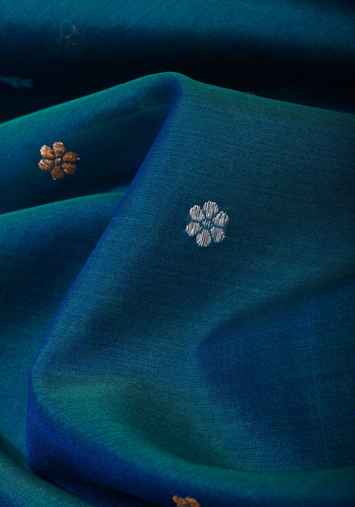Exquisite Pure Banarasi Kora Silk Saree in Prussian Blue with Sona Rupa Zari and Chunri Buttis| SILK MARK CERTIFIED