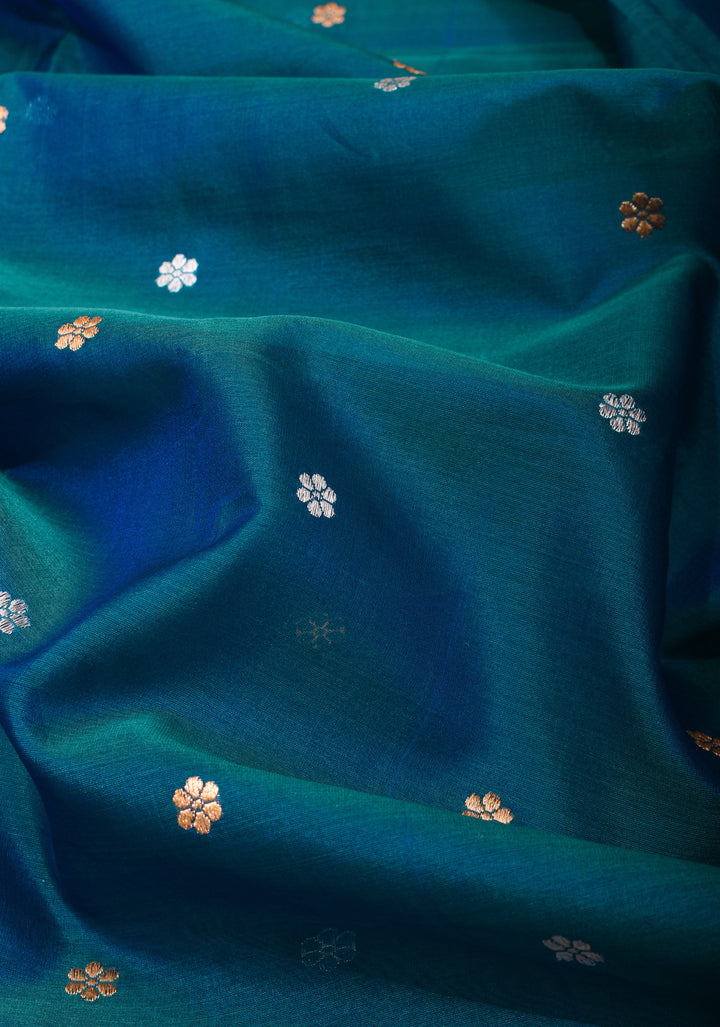 Exquisite Pure Banarasi Kora Silk Saree in Prussian Blue with Sona Rupa Zari and Chunri Buttis| SILK MARK CERTIFIED