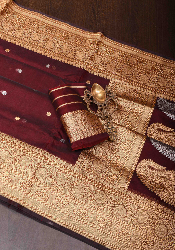 Exquisite Pure Banarasi  Kora Silk Saree in Burgandy with Sona Rupa Butta and Zari Border | SILK MARK CERTIFIED
