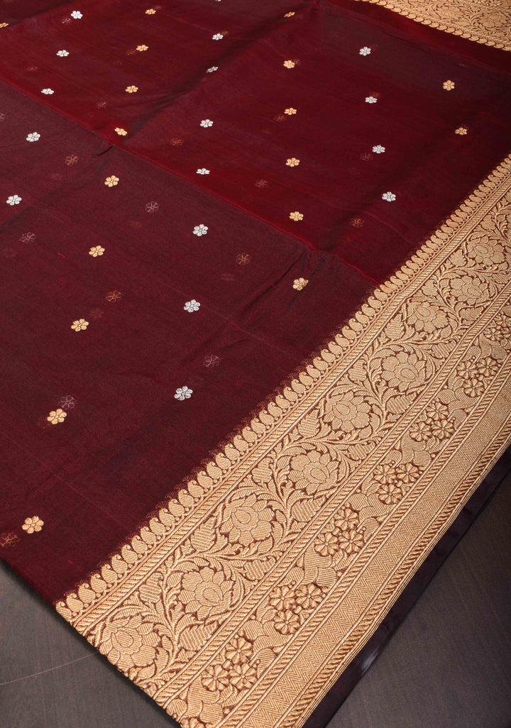 Exquisite Pure Banarasi  Kora Silk Saree in Burgandy with Sona Rupa Butta and Zari Border | SILK MARK CERTIFIED