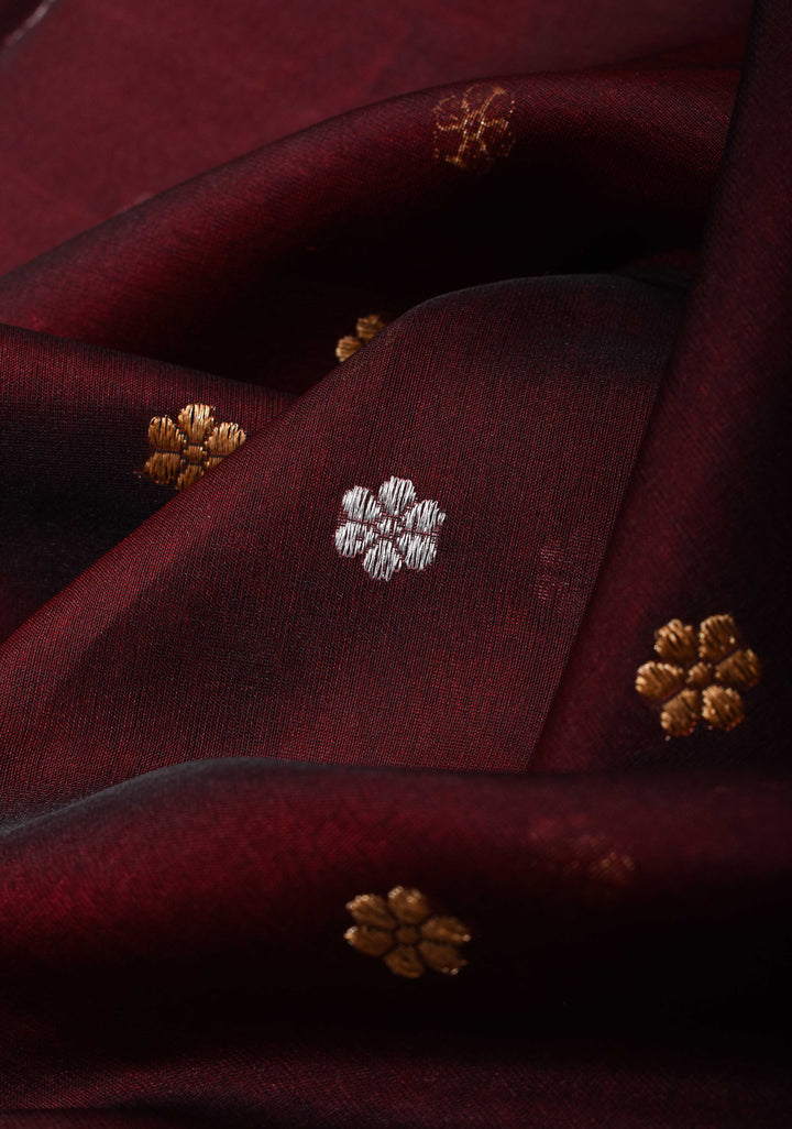 Exquisite Pure Banarasi  Kora Silk Saree in Burgandy with Sona Rupa Butta and Zari Border | SILK MARK CERTIFIED