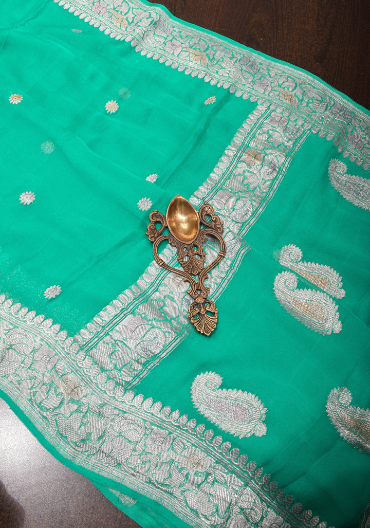 Sea Green hand Brush dye Chiffon Silk Saree with Silver Tone Zari Buttas and Border | SILK MARK CERTIFIED