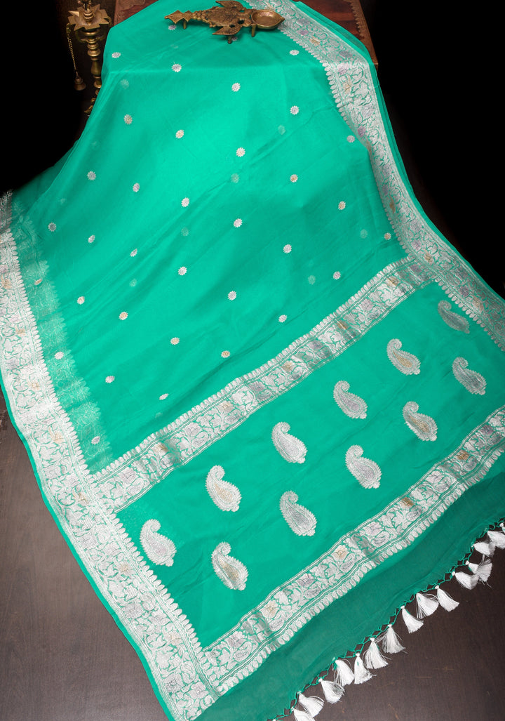 Sea Green hand Brush dye Chiffon Silk Saree with Silver Tone Zari Buttas and Border | SILK MARK CERTIFIED