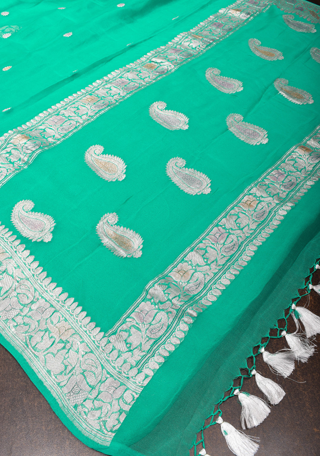 Sea Green hand Brush dye Chiffon Silk Saree with Silver Tone Zari Buttas and Border | SILK MARK CERTIFIED