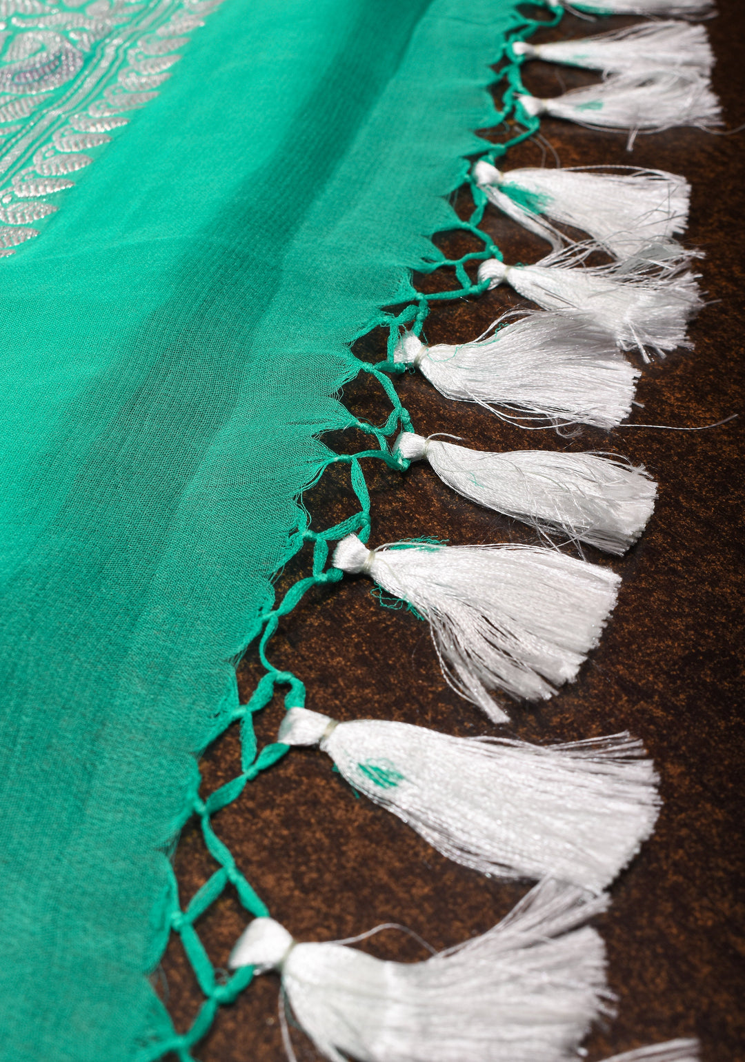 Sea Green hand Brush dye Chiffon Silk Saree with Silver Tone Zari Buttas and Border | SILK MARK CERTIFIED