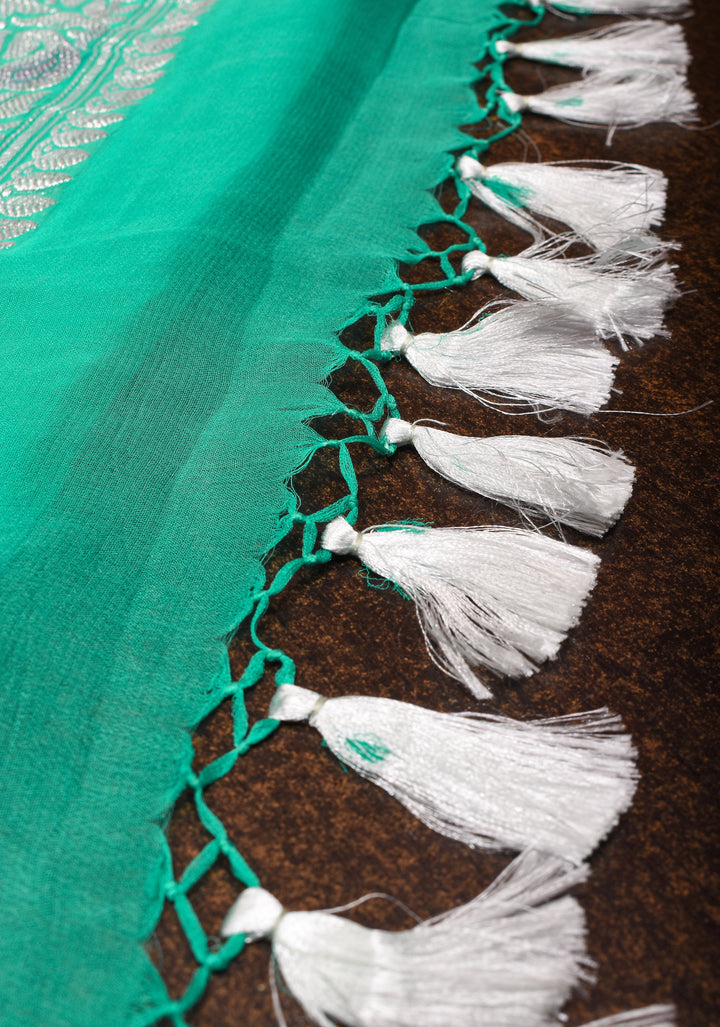 Sea Green hand Brush dye Chiffon Silk Saree with Silver Tone Zari Buttas and Border | SILK MARK CERTIFIED