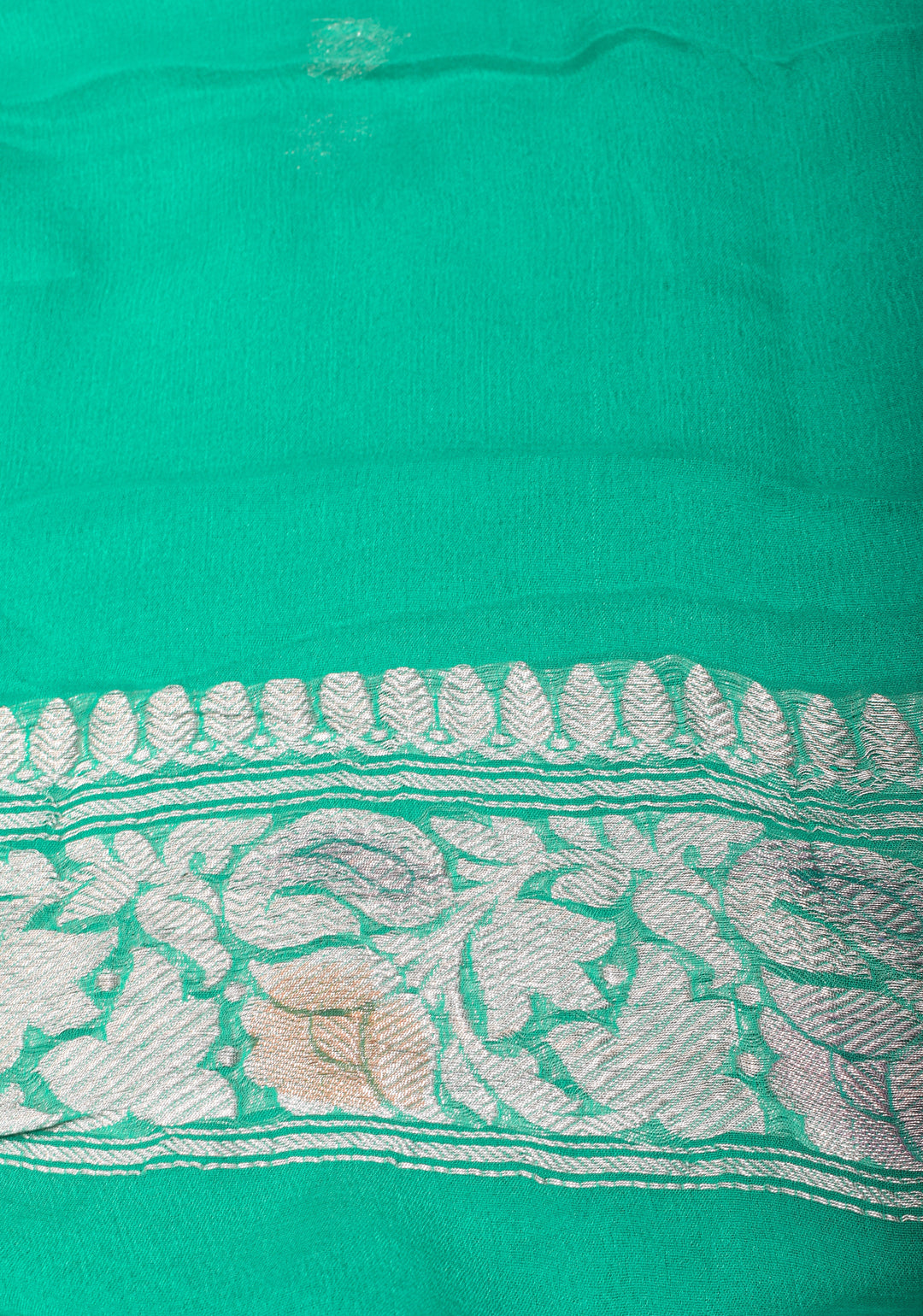 Sea Green hand Brush dye Chiffon Silk Saree with Silver Tone Zari Buttas and Border | SILK MARK CERTIFIED